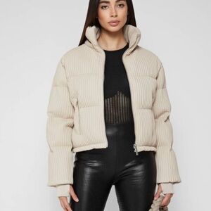 Maniere De Voir Beige Ribbed Vegan Leather Puffer Jacket